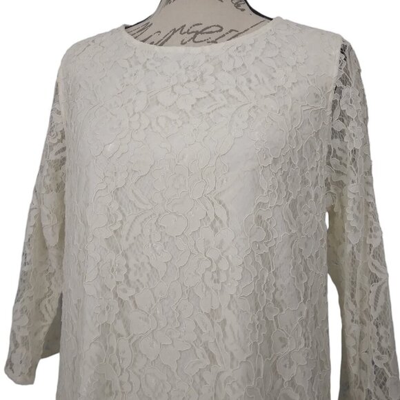NWT Caroline Rose | Lace Round Neck 3/4 Sleeve Shift Dress Ivory | Size S - Picture 2 of 13